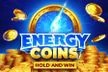 Logo del gioco "Energy Coins: Hold and Win" con monete d'oro scintillanti e un cerchio luminoso blu su sfondo dorato e brillante.