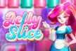 Logo del gioco "Jelly Slice" con una ragazza dai capelli rosa in stile cartone animato, vestita di blu, su sfondo colorato con tonalità pastello e dolciumi.