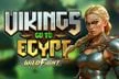 Logo del gioco "Vikings Go to Egypt" con una guerriera vichinga bionda in armatura, su sfondo verde con effetti luminosi.