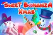 Logo del gioco "Sweet Bonanza Xmas" con un pupazzo di neve sorridente, dolci colorati e un'ambientazione invernale festiva con neve e decorazioni natalizie.