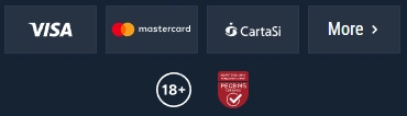 Barra con loghi dei metodi di pagamento Visa, Mastercard e CartaSi, insieme a icone per regolamentazione 18+ e gioco responsabile su sfondo scuro.